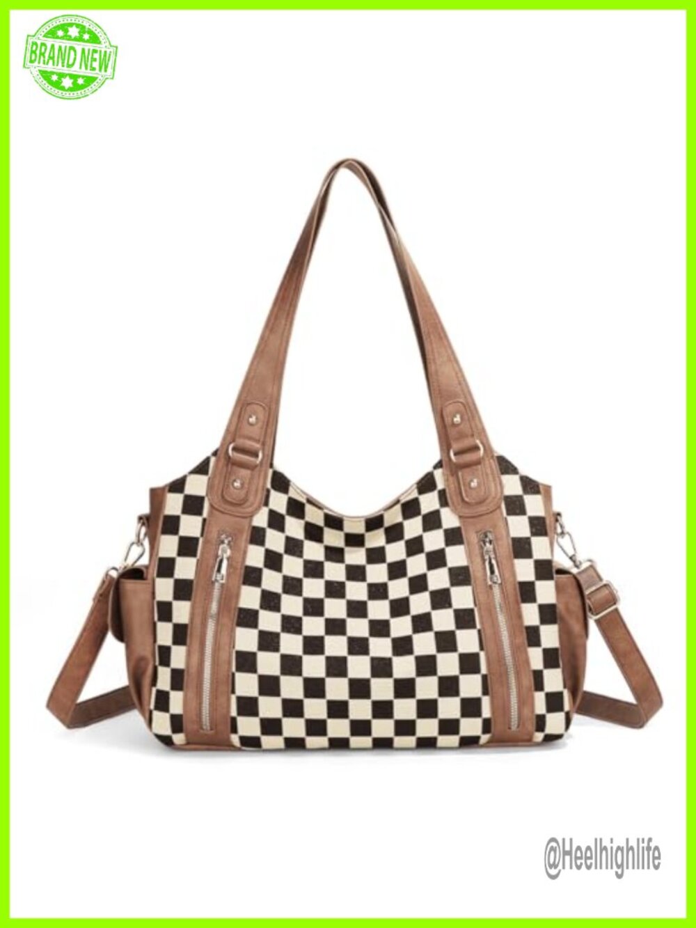 PU Leather Canvas Checkered Hobo Tote Bag Adjustable Crossbody Shoulder Handbag